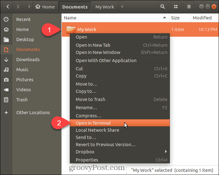 حدد فتح في Terminal في Ubuntu Linux