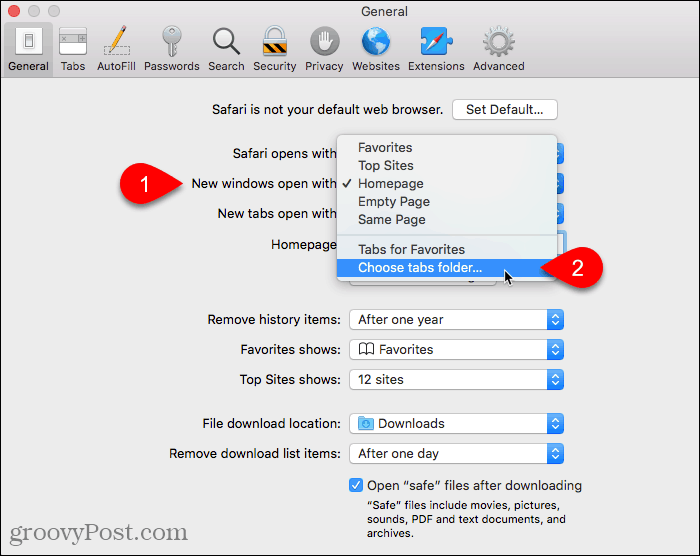 حدد اختيار مجلد علامات التبويب لفتح النوافذ الجديدة مع الإعداد في Safari على Mac