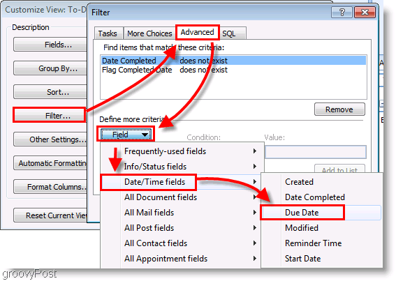 لقطة الشاشة: عامل تصفية إعداد شريط المهام في Outlook 2007