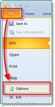 في Microsoft Outlook 2010 ، انقر فوق شريط الملف للدخول في الخلفية ثم انقر فوق زر الخيارات