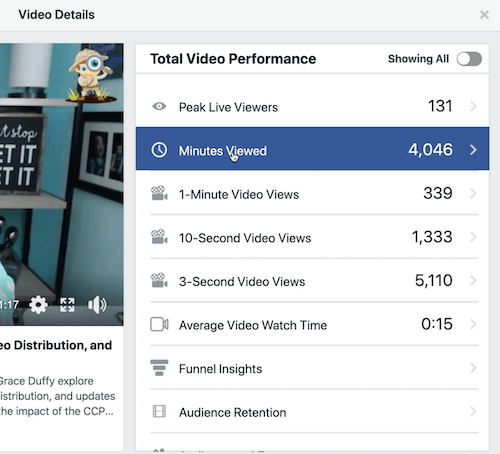 مثال على الرسم البياني للفيسبوك للاحتفاظ بالجمهور ضمن قسم أداء الفيديو الإجمالي