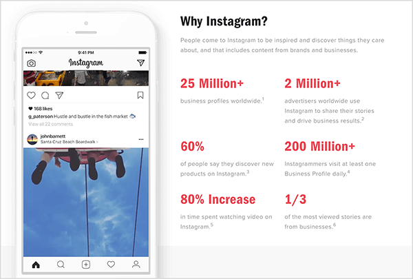 لدى Instagram صفحة ويب بعنوان "لماذا Instagram؟" التي تشارك إحصائيات مهمة حول Instagram و Instagram Stories للأعمال.