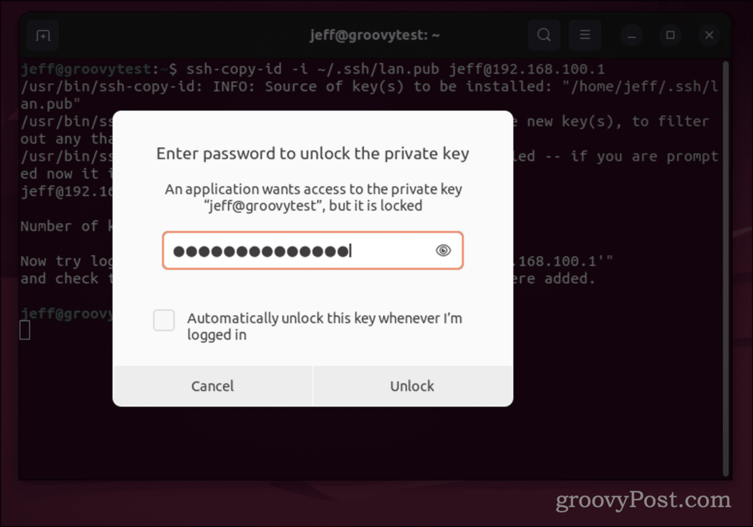 مربع حوار كلمة مرور Ubuntu لمفتاح SSH