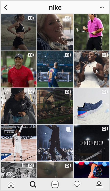 تعرض منشورات Nike على Instagram شبكة من الرياضيين الذين يرتدون معدات Nike ولكن القليل من الصور في الخلاصة تحتوي على نص.