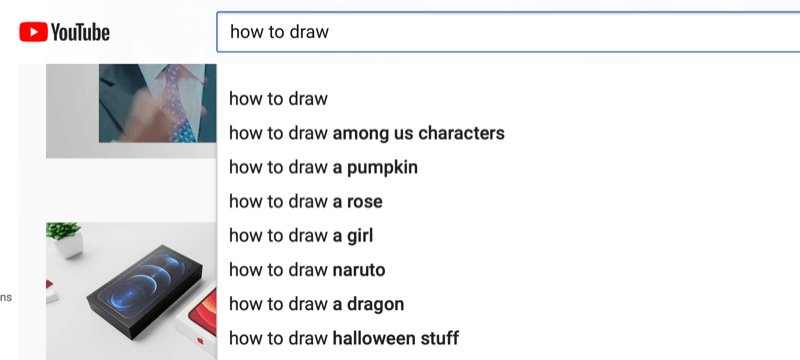 مثال على البحث عن الكلمات الرئيسية في youtube لعبارة "كيفية الرسم"