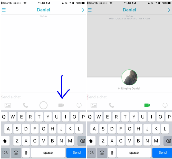 لإجراء مكالمة فيديو على Snapchat ، انقر فوق رمز الفيديو في محادثتك المفتوحة مع أحد العملاء.