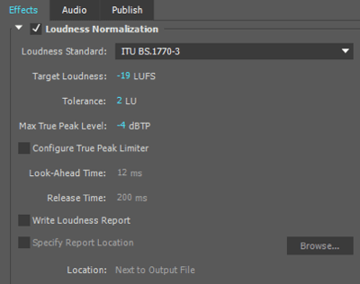 أستخدم إعدادات تسوية ارتفاع الصوت هذه عند تصدير ملف الصوت الخاص بي في Adobe Premiere.