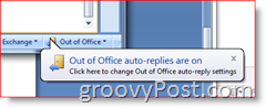 الزاوية اليمنى السفلية من Outlook 2007 - تذكير ممكّن للردود التلقائية خارج المكتب
