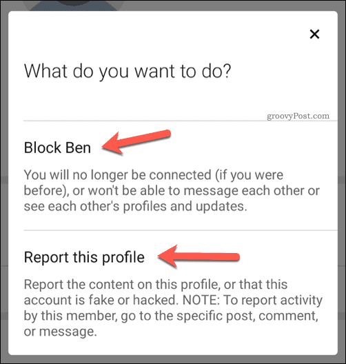 اختيار حظر أو الإبلاغ عن مستخدم في LinkedIn