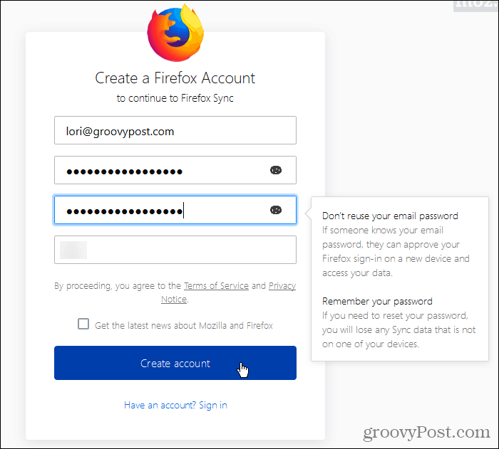 قم بإنشاء حساب Firefox Sync