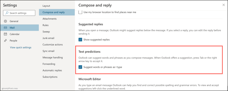 قم بتمكين التنبؤات النصية في Outlook على الويب