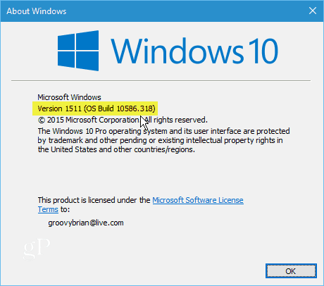 إصدار Windows 10 1511 ، الإصدار 10586-318