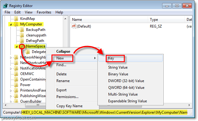 إضافة مفتاح فرعي جديد إلى مفتاح NameSpace في نظام التشغيل windows 7