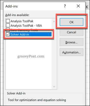 تمكين إضافة Excel Solver