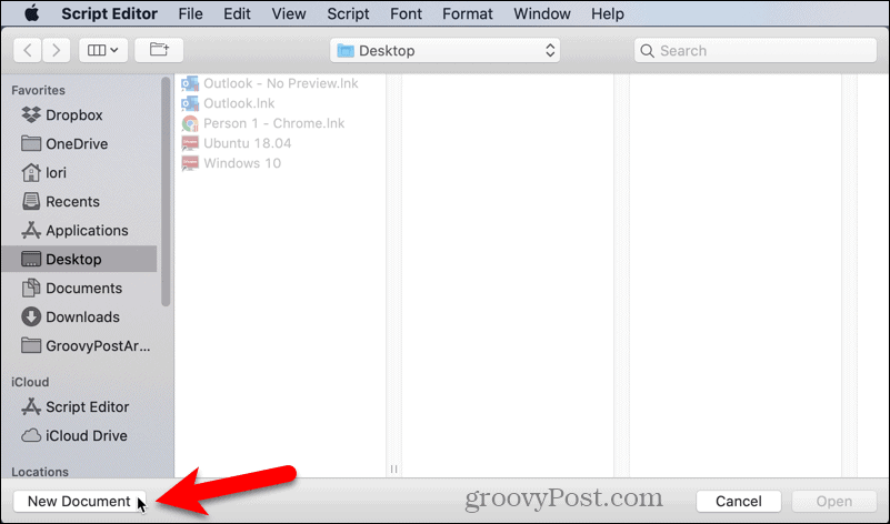 افتح مستندًا جديدًا في Script Editor على جهاز Mac