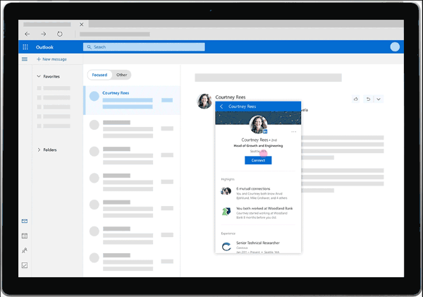سيوفر LinkedIn الآن رؤى غنية مثل صور الملف الشخصي ومحفوظات العمل والمزيد من داخل علبة الوارد الشخصية لمستخدم Outlook.com.