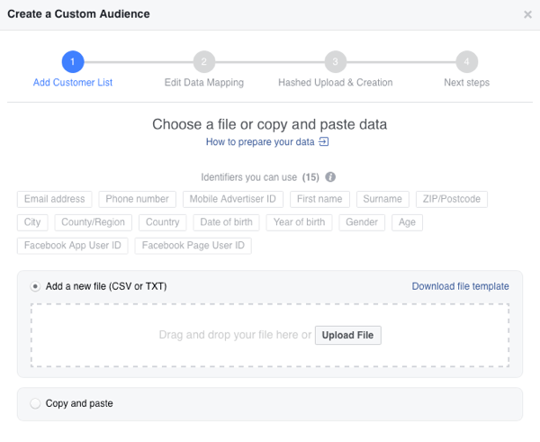 قم بتحميل قائمة البريد الإلكتروني كملف CSV لإنشاء جمهور بريد إلكتروني مخصص على Facebook.