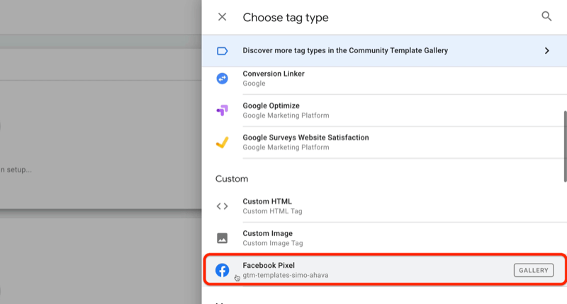 مثال على علامة Google tag manager الجديدة مع قائمة اختيار نوع العلامة وخيار facebook pixel المميز أسفل القسم المخصص