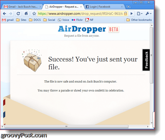 تم إرسال ملف نجاح لقطة شاشة Dropbox Airdropper