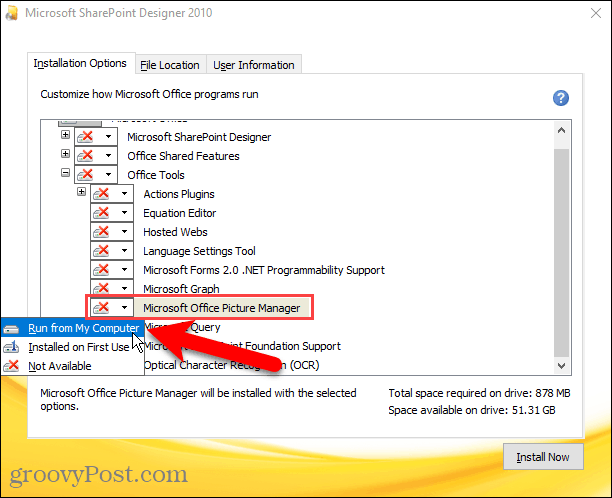 تمكين تشغيل من جهاز الكمبيوتر لـ Microsoft Office Picture Manager في تثبيت Sharepoint Designer