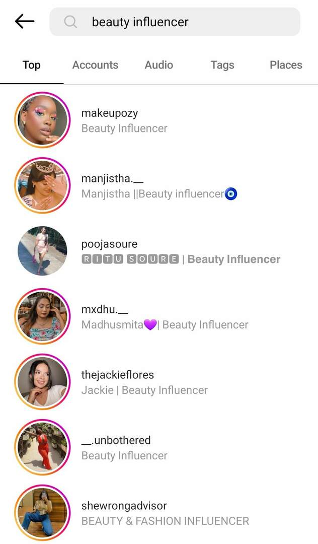 كيف تجد شريك المؤثرات الصغيرة على instagram البحث عن الجمال المؤثر مثال 1