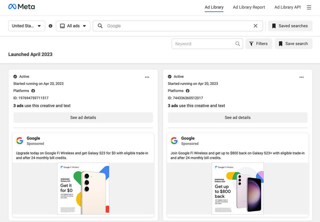 google-ads-transparent-center-meta-ad-library-api-save-searches-ads-launch-April-3