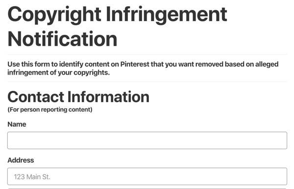 نموذج الإخطار بانتهاك حقوق النشر على موقع Pinterest