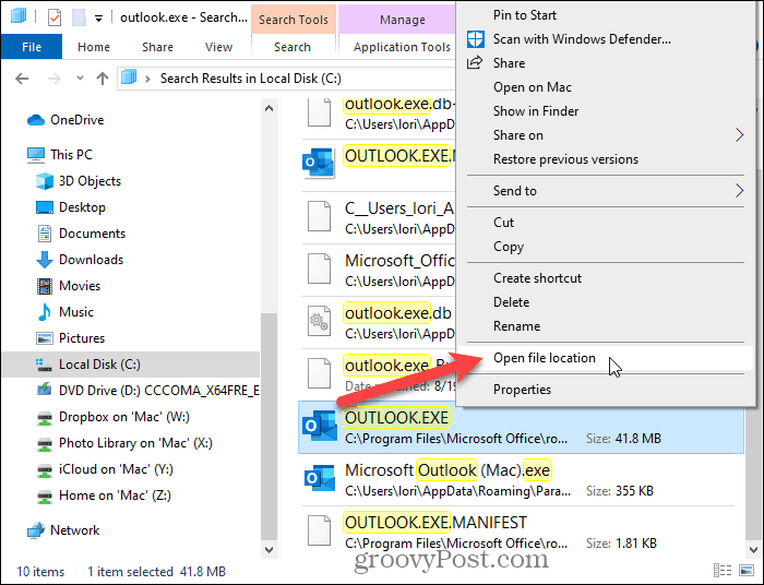 حدد فتح موقع الملف في File Explorer