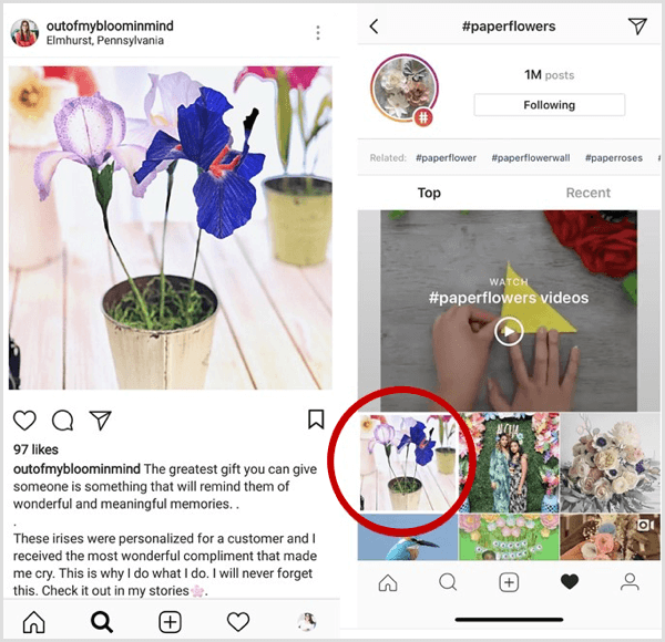 مثال على منشور Instagram يظهر أولاً في نتائج البحث لعلامة تصنيف معينة