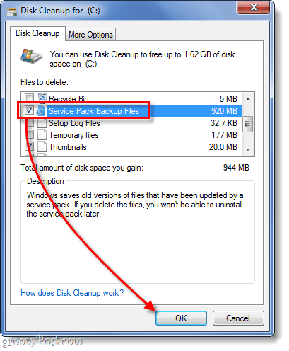 تنظيف ملف النسخ الاحتياطي لحزمة الخدمة في Windows 7