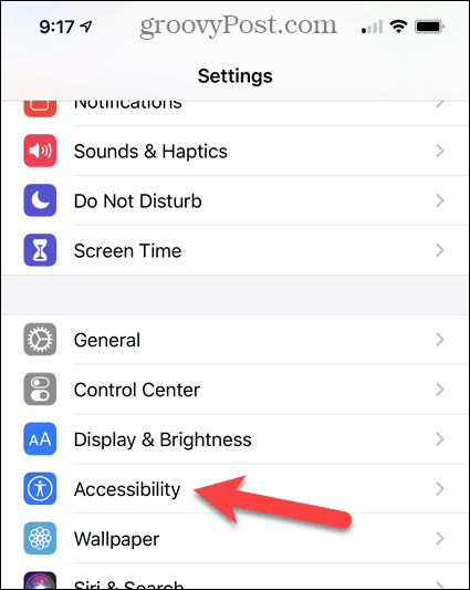 اضغط على إمكانية الوصول على شاشة إعدادات iPhone