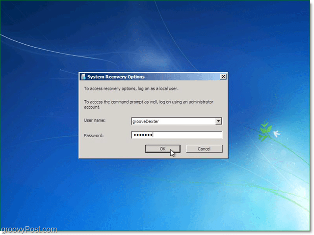 أدخل اسم المستخدم وكلمة المرور لاسترداد نظام Windows 7