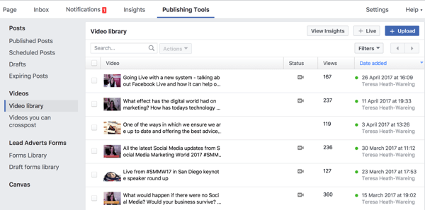 يمكنك الوصول إلى مكتبة فيديو Facebook الكاملة الخاصة بك ضمن أدوات النشر.
