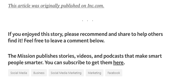 أضف الرابط إلى المنشور الأصلي ودعوة لاتخاذ إجراء للاشتراك في المحتوى الخاص بك في أسفل مقالاتك على موقع Medium.