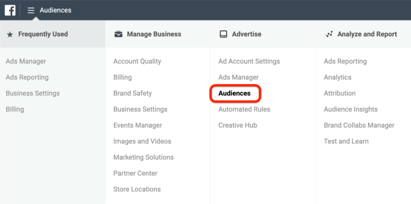 لقطة شاشة لخيار الجماهير محاطة بدائرة باللون الأحمر في قائمة Facebook Ads Manager