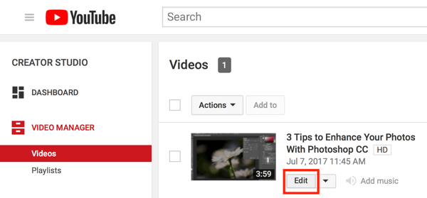 افتح Creator Studio وانقر على الزر "تعديل" لمقطع الفيديو الخاص بك في مدير الفيديو.