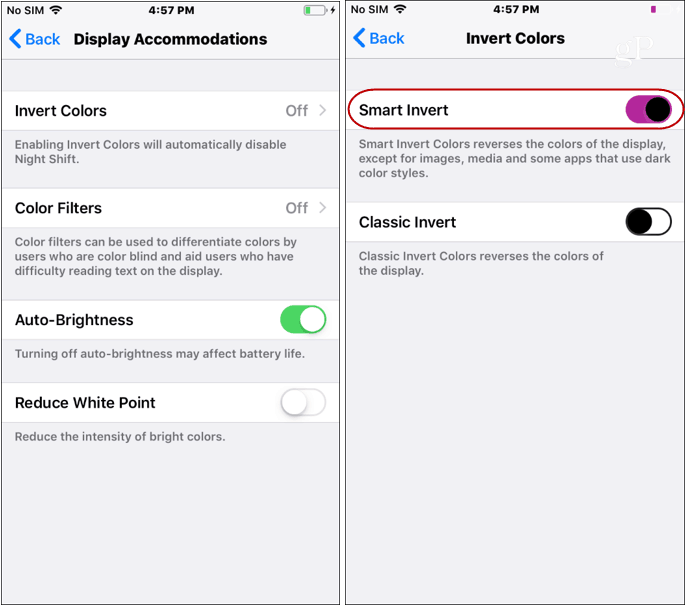 تعكس إعدادات الوضع الداكن في iOS الألوان