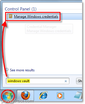الوصول إلى windows vault من البحث في قائمة البدء في Windows 7