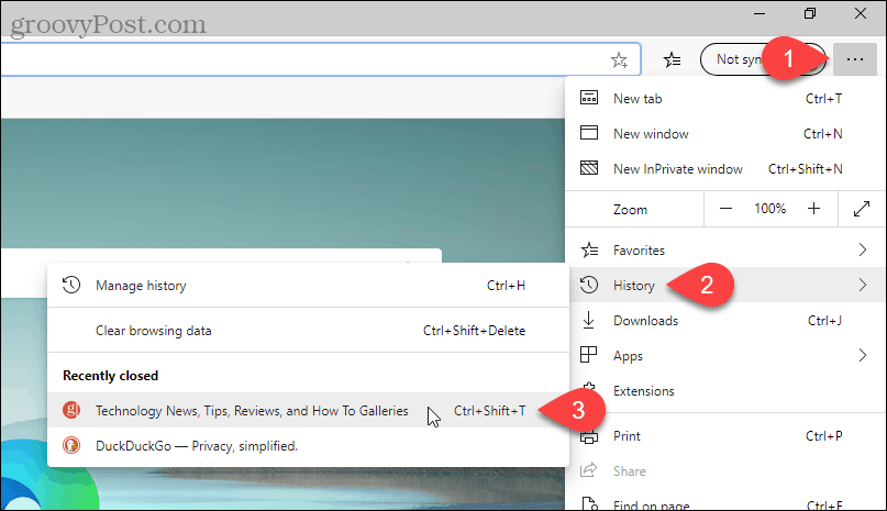 انتقل إلى المحفوظات> علامة التبويب إعادة فتح في Edge