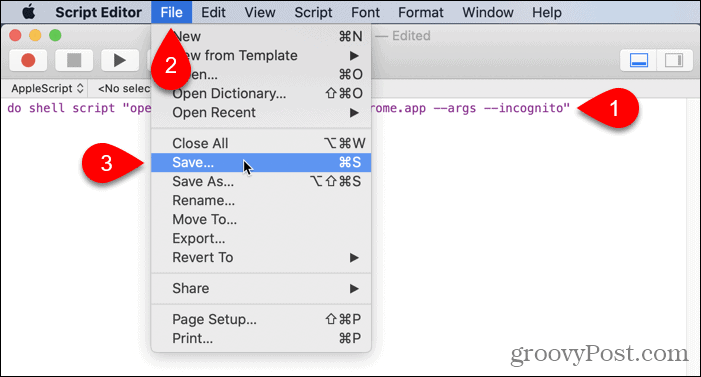 انتقل إلى ملف> حفظ في Script Editor على جهاز Mac