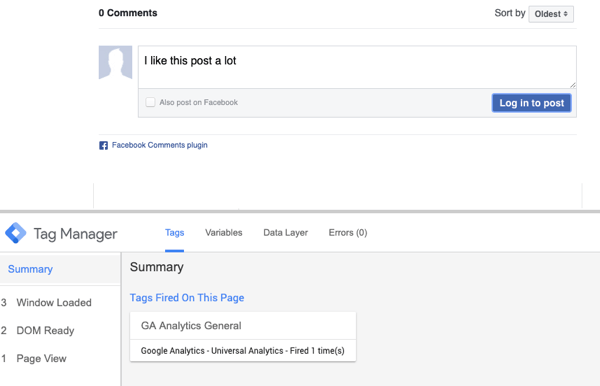 استخدم Google Tag Manager مع Facebook ، الخطوة 23 ، معاينة التعليق مع تحديد ملخص لعلامة Facebook التي تم إطلاقها