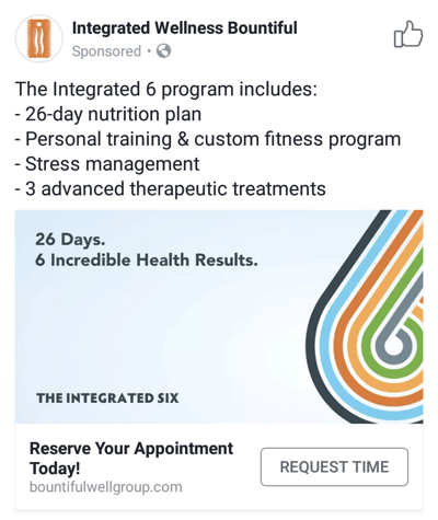 تقنيات إعلانات Facebook التي تقدم نتائج ، على سبيل المثال من خلال Integrated Wellness Bountiful التي تقدم أوقات المواعيد