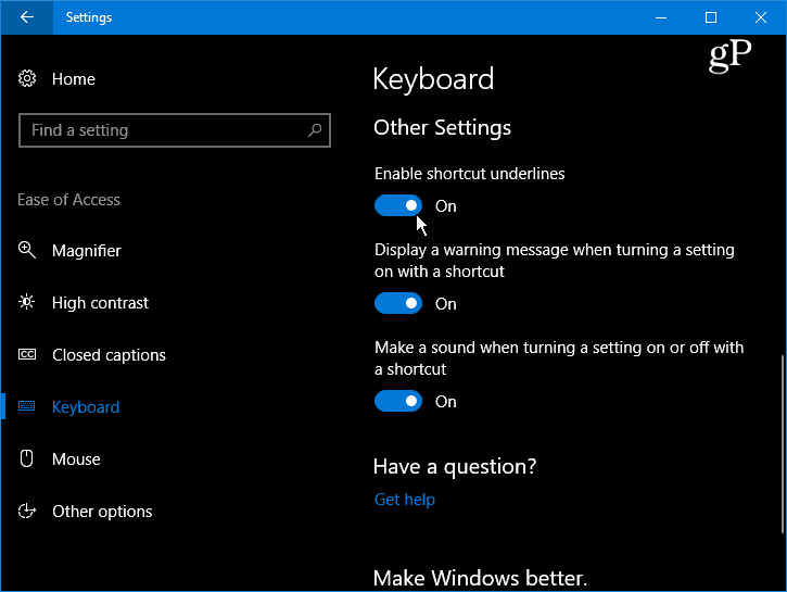 اجعل Windows 10 تسطير وتمييز مفاتيح اختصار القائمة