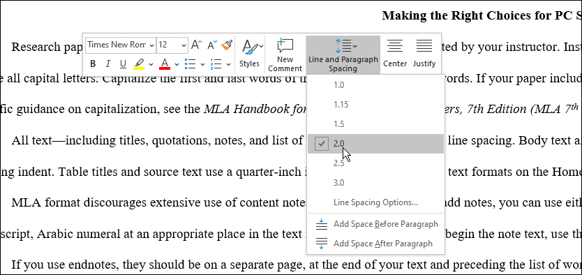 التباعد استخدم تنسيق mla في Microsoft Word