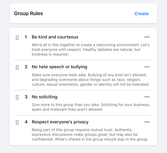 مثال على القواعد الموضوعة لمجموعة فيسبوك مثل كن لطيفًا ، لا خطاب كراهية ، لا تحريض ، إلخ.