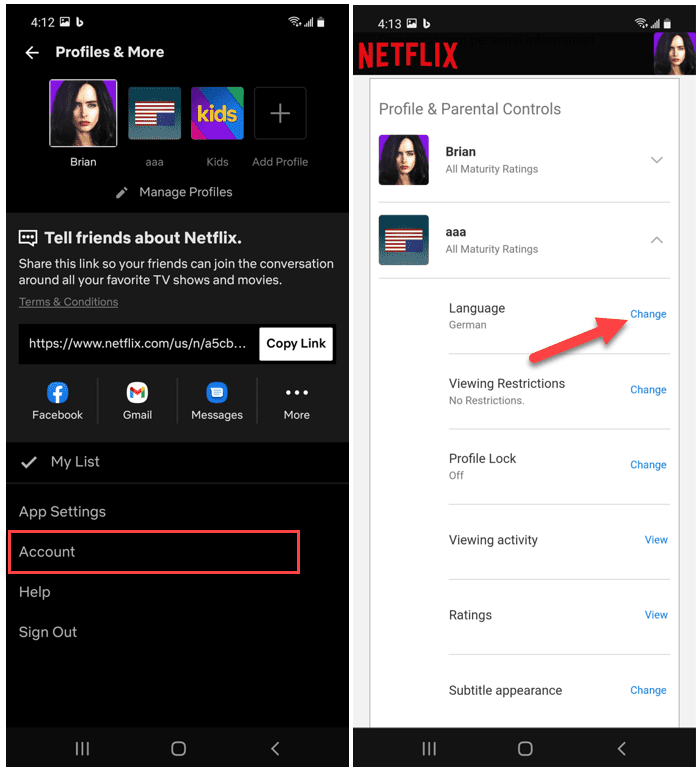 حساب تطبيق Netflix Android