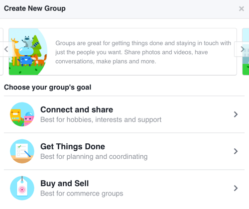 لإنشاء مجموعة Facebook تركز على بناء مجتمع ، حدد الاتصال والمشاركة.