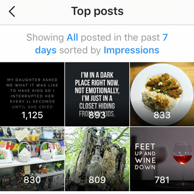 تُظهر Instagram Insights أفضل ست مشاركات من آخر سبعة أيام.