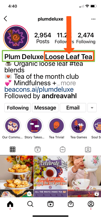 مثال على ملف تعريف instagram لـsplumdeluxe يعرض الكلمات الرئيسية لـ "plum deluxe" و "loose leaf tea" في السيرة الذاتية لصفحتهم ، مما يسمح لهم بالظهور جيدًا في نتائج البحث
