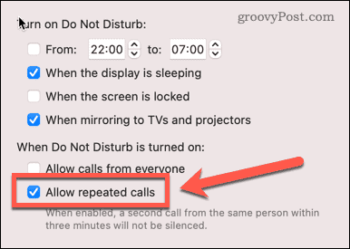 السماح بالمكالمات المتكررة في dnd mac